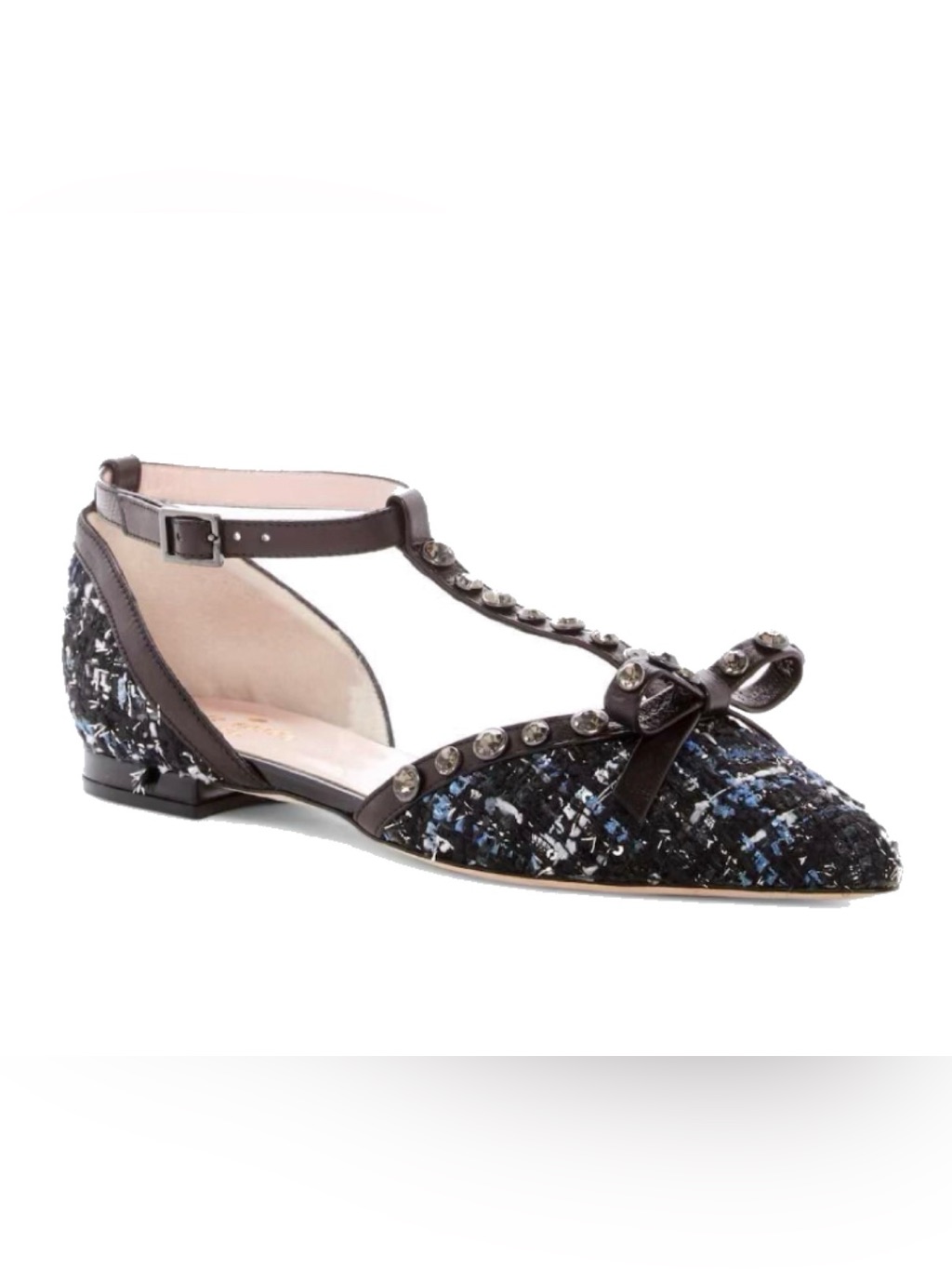 Kate Spade Euc Becca Tweed Bow Flats Blue Black Crystal 8.5 Italy